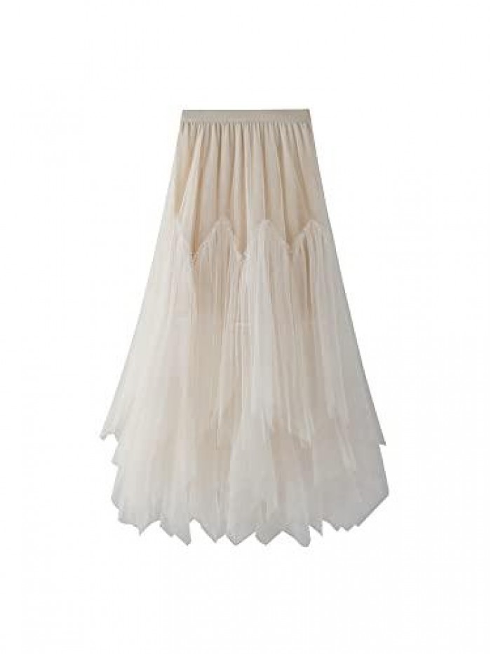 Mesh Skirt Elastic Waist A-line Midi Skirt Tutu Layered Tulle Skirt Prom Evening Party Wedding Skirt 