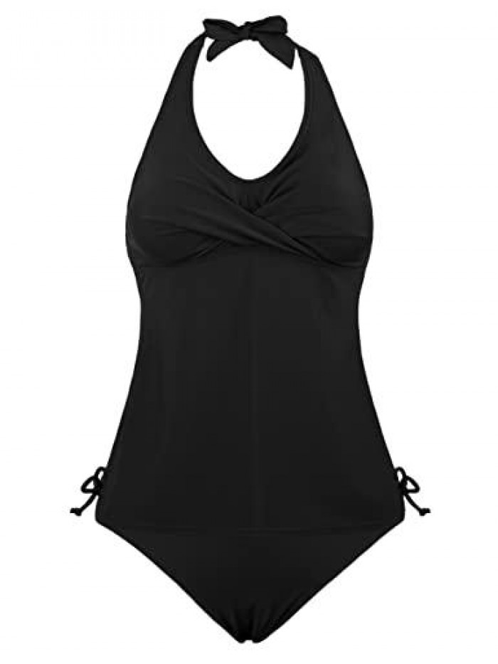 Women's Ruched Two Piece Bathing Suits Tummy Control Swimwear Halter Tankini Swimsuits V Neck Swim Top with Shorts 