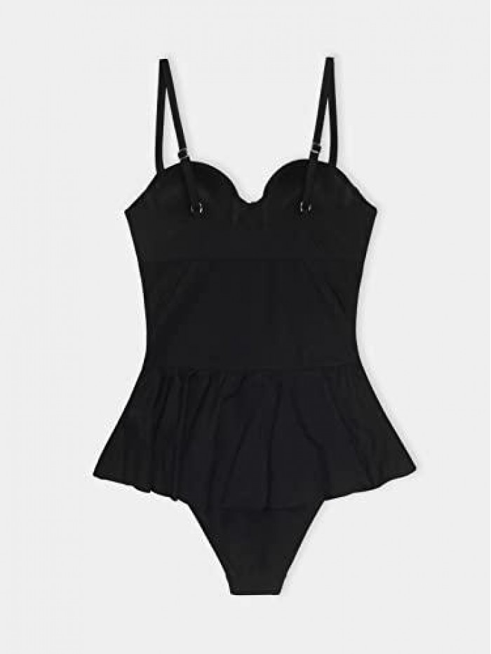 Women Ruffle Tankini Swimsuit Push Up Sweetheart Ruched Tummy Control Retro Solid Bathing Suit, XS Black 