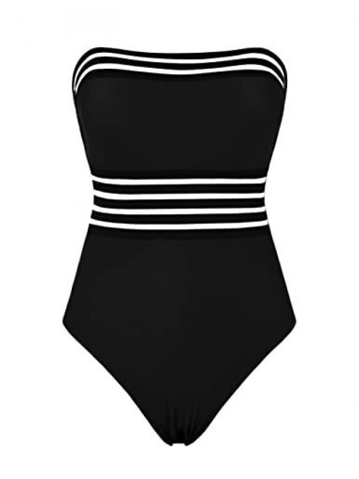 Women's Strapless One Piece Swimsuits Tummy Control Swimwear Halter Slimming Bathing Suits Monokini 