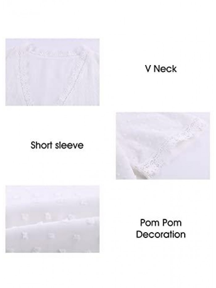 Womens Sexy Lace V Neck Tops Casual Jacquard Pom Pom Shirt Blouse 