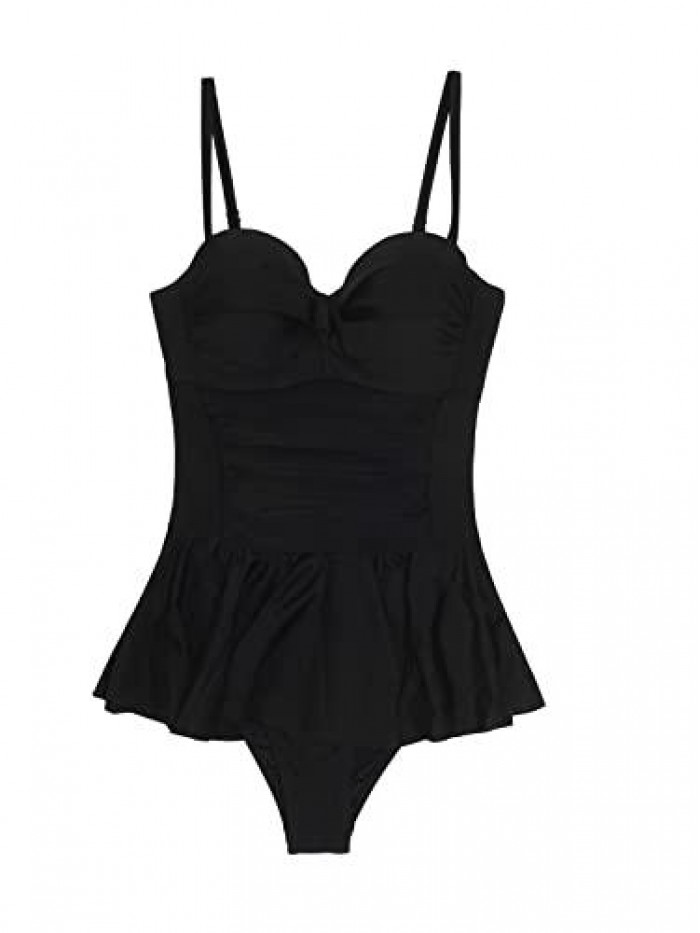 Women Ruffle Tankini Swimsuit Push Up Sweetheart Ruched Tummy Control Retro Solid Bathing Suit, XS Black 
