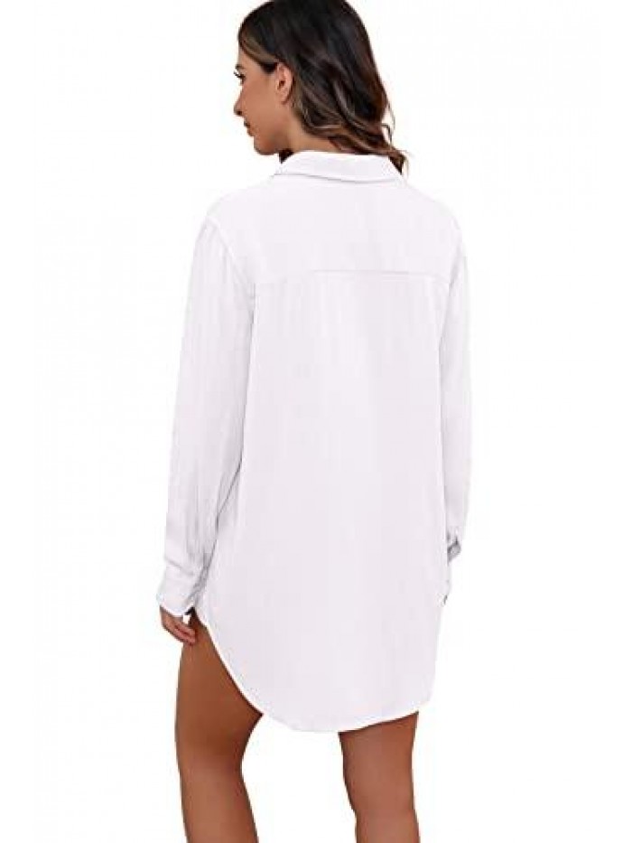 Womens Nightgown Button Down Sleepshirt Long Sleeve Sleepwear Soft Ladies Nightshirts 