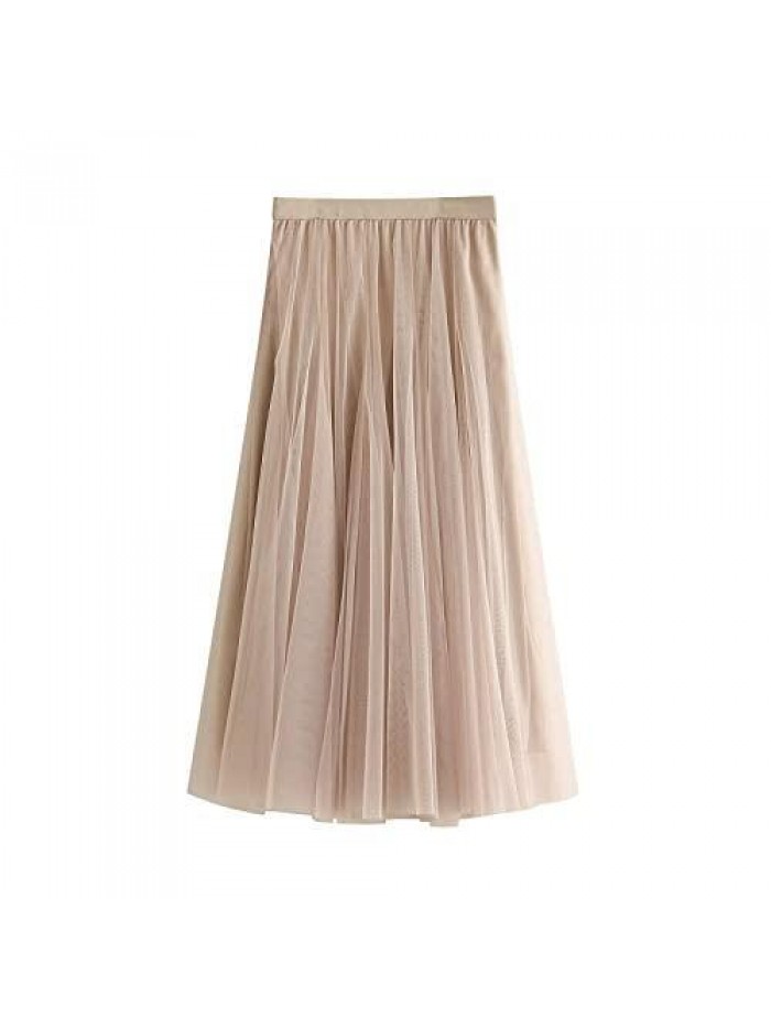 Mesh Long Skirt Solid Color Pleated Chiffon High Waistlayered Lace Long Tulle Skirts for Womens 