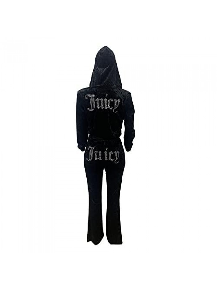 Tracksuit 2 Piece Set Velour Rhinestone Letters Full Zip Crop Hoodie Pants Joggers Outfits 