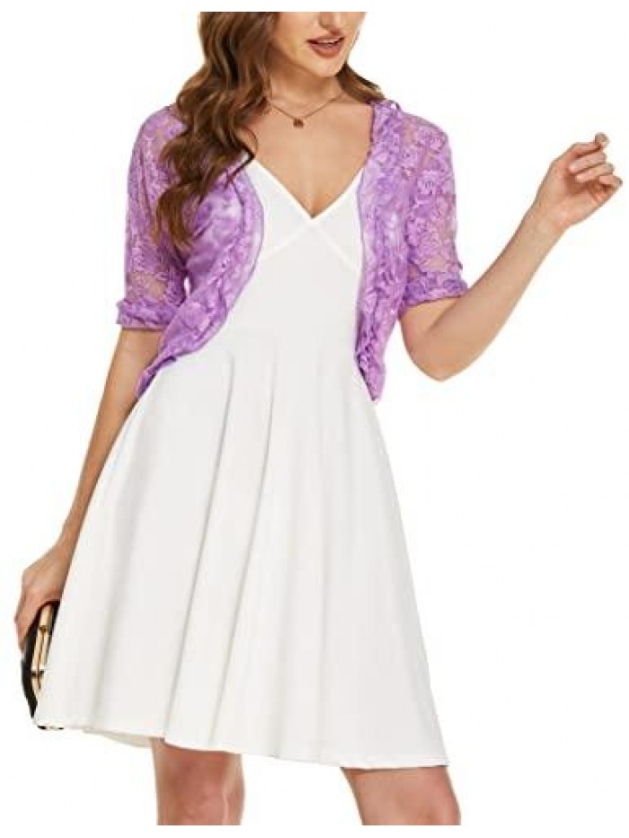 Womens Lace Shrug Bolero Cardigan with Half Sleeve Elegant Ruffle Open Front for Evening Dresses 