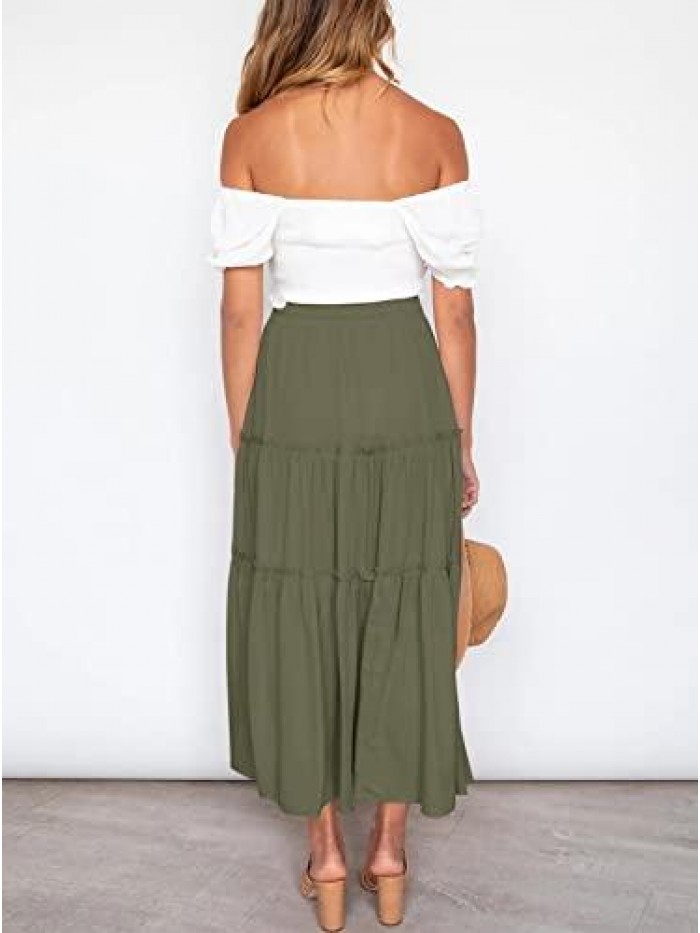 Womens High Waisted Midi Maxi Skirt Boho A-Line Ruffle Flowy Long Skirt with Pockets 