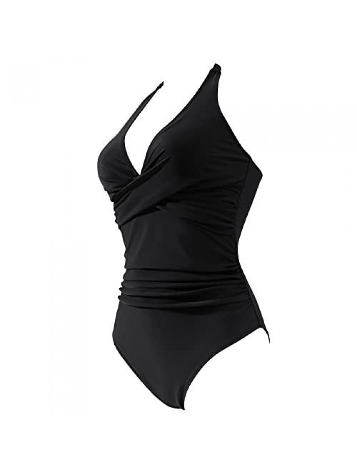 Women V Neck Wrap One Piece Swimsuit Halter Ruched Tummy Control Bathing Suit 
