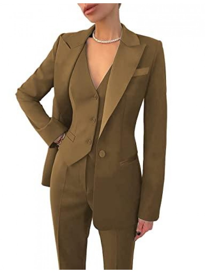 Suits Sets 3 Pieces Notch Lapel Single Breasted Vest Office Lady Business Suits Slim Fit (Blazer+Vest+Pants) 