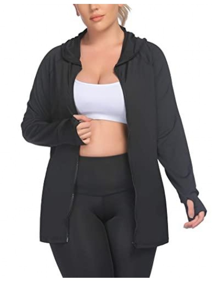 Womens Running Jackets Plus Size Lightweight Full Zip Up Track Workout Yoga Athletic Hooded Hoodie with Pockets 