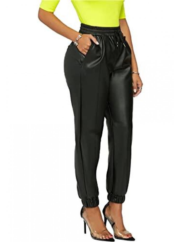 Women's Faux Leather High Waist Joggers Pants with Pockets PU Elastic Waisted Casual Trousers 
