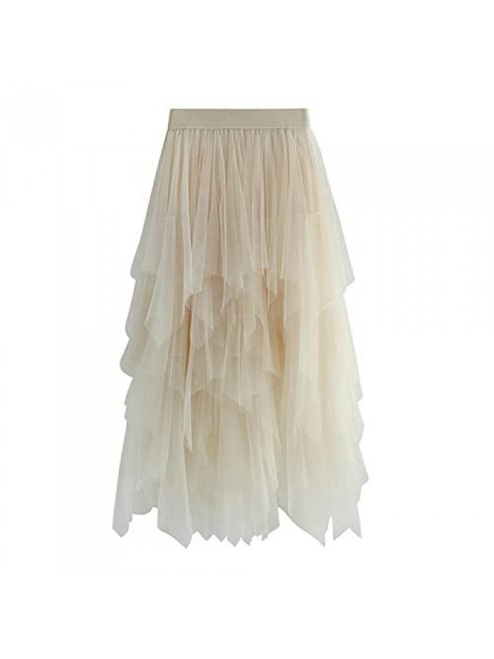 Women's Slim A-Line Fairy Elastic Waist Tulle Midi Skirt 