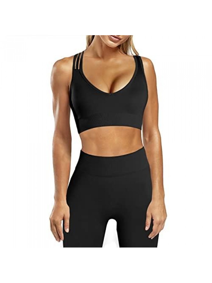 Workout Sets for Women Cross Strap Sport Bra Curved Waist Yoga Leggings Sets 2 Piece Gym Exercise Outfits 