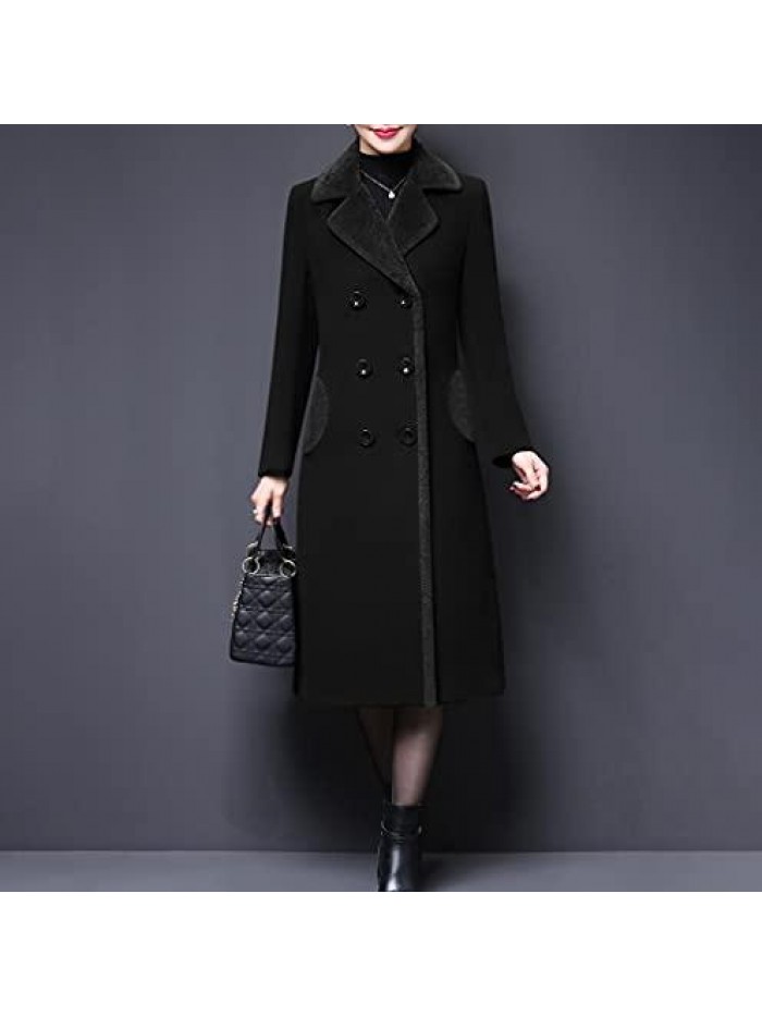 Women's Double-Breasted Notched Lapel Midi Wool Blend Pea Coat Jackets 