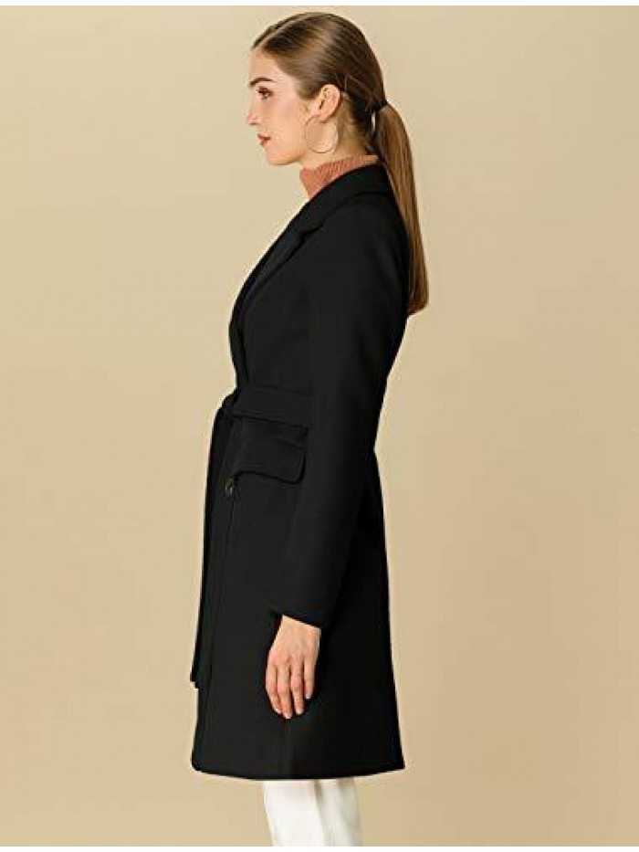K Women's Notch Lapel Double Breasted Belted Mid Long Outwear Winter Coat 