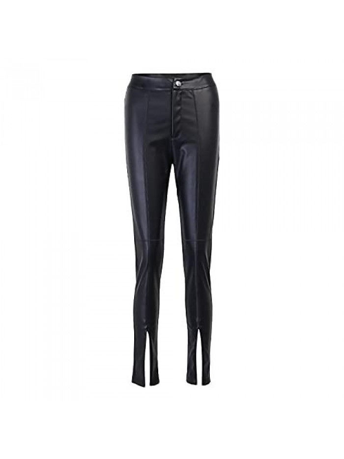 Slim Fit Trousers Vintage Straight Wide Leg Leggings Solid Faux Leather Pants Women Color High Waist Autumn Long Pants