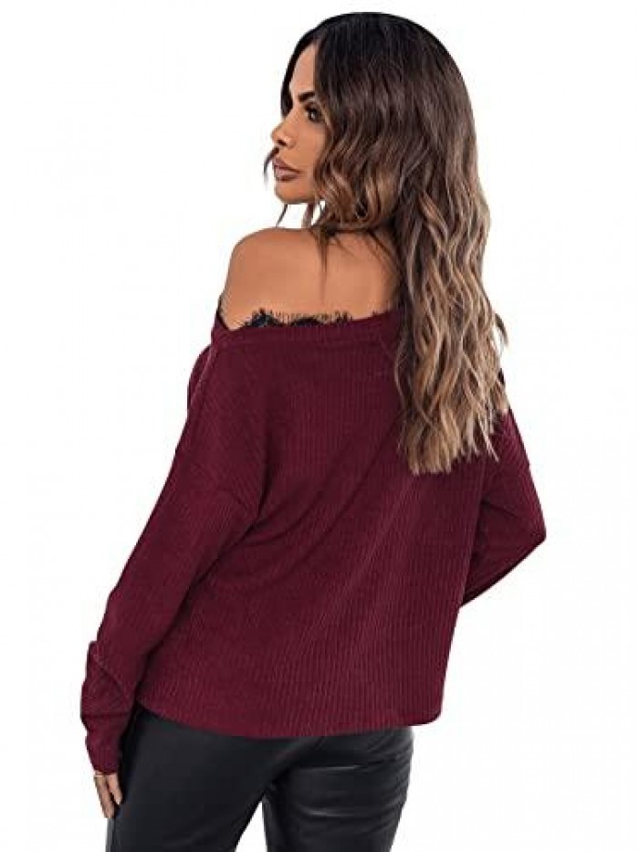 Women's Off Shoulder Knit Jumper Long Sleeve Pullover Loose T Shirt Sweater Tops 