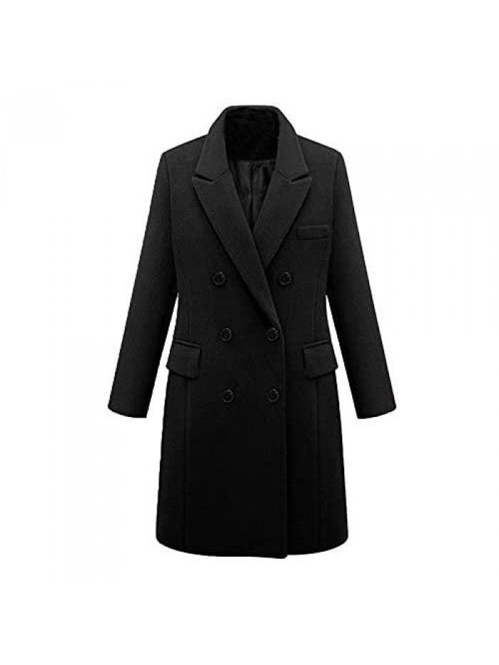 Winter Trench Coats for Women Jackets Lapel Overcoat Casual Outerwear Long Sleeve Double Breasted Woolen Pea Coats 