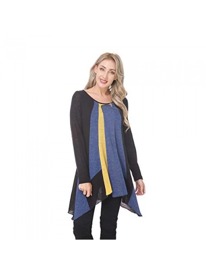 Color Block Long Sleeve Tunic Tops for Women Round Neck A-line Loose Fit Pullover 