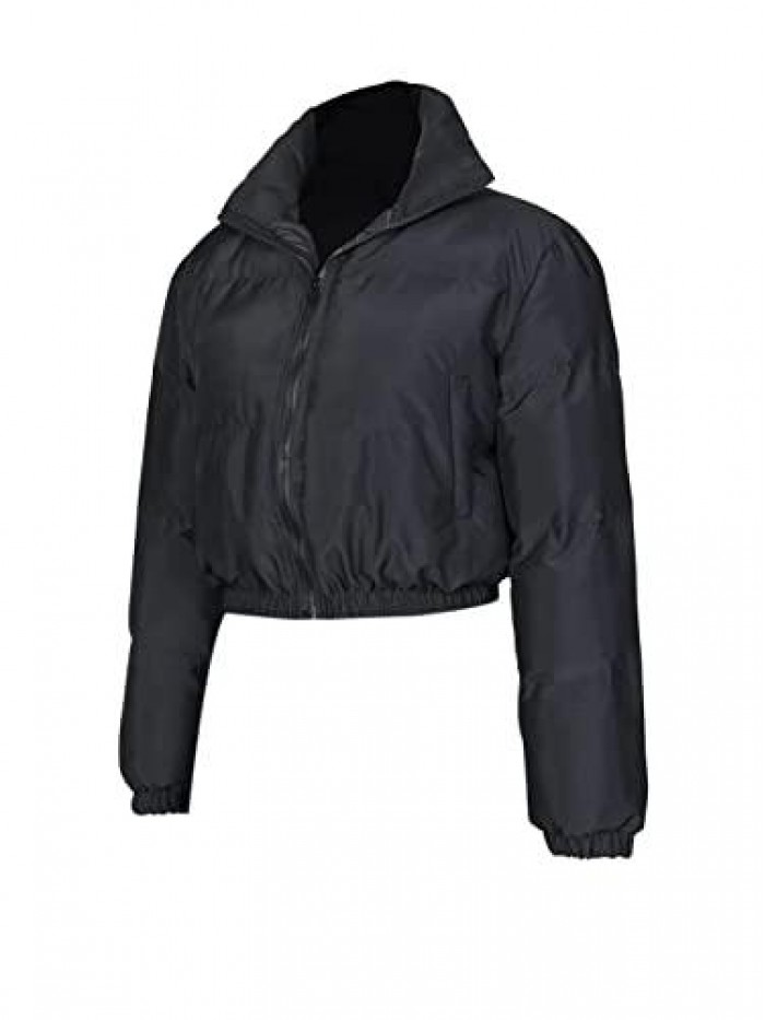 Women Short Puffer Jackets Long Sleeve Zipper Pockets Crop Down Coat 