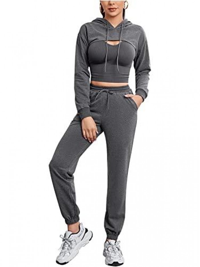 3 Piece Outfits for Women 2 Piece Workout Outfit Long Sleeve Crop Hoodies with Tank Top Loungewear Jogger Set Pockets 