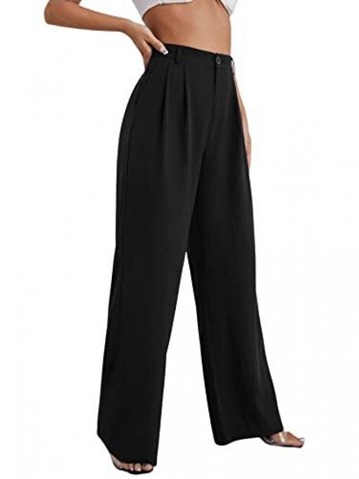 Women's Casual Wide Leg High Waisted Botton Down Straight Long Trousers Pants 