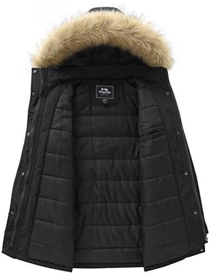 Women's Thicken Warm Puffer Jacket Water Resistant Mid-Length Parka with Faux Fur Trim Hood 