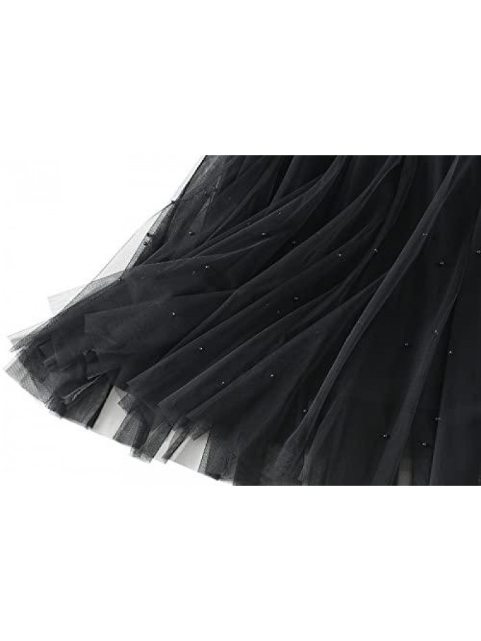 A-Line Tulle Skirt Elastic Waist Layered Mesh Midi Skirt Flowy Pleated Tulle Skirt for Wedding Party 