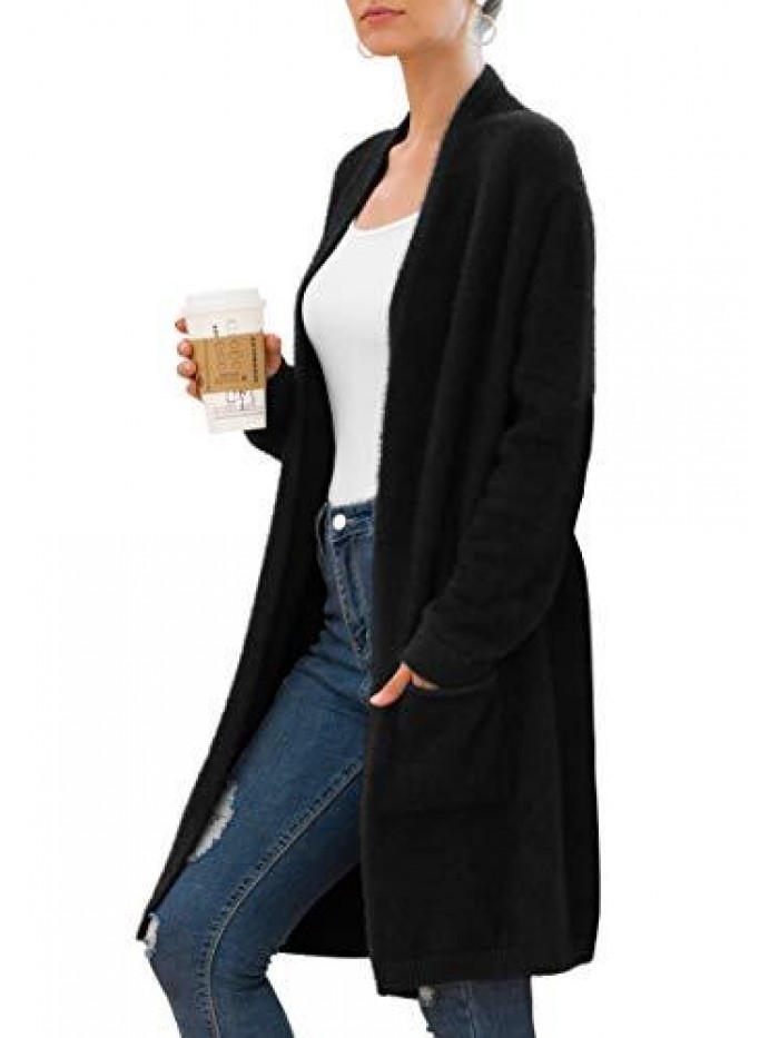 QIXING Women's Casual Open Front Knit Cardigans Long Sleeve Plush Sweater Coat with Pockets