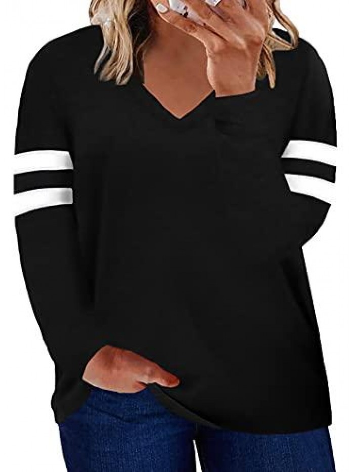Sailed Womens Plus Size Tops Casual Long Sleeve V Neck/Crew Neck Striped Loose Fit Tunic Tops(1X-5X) 
