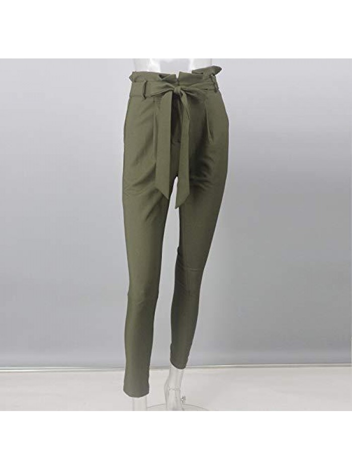 Women's All Occasions Paper Bag Waist Pants Trousers with Tie Pockets 