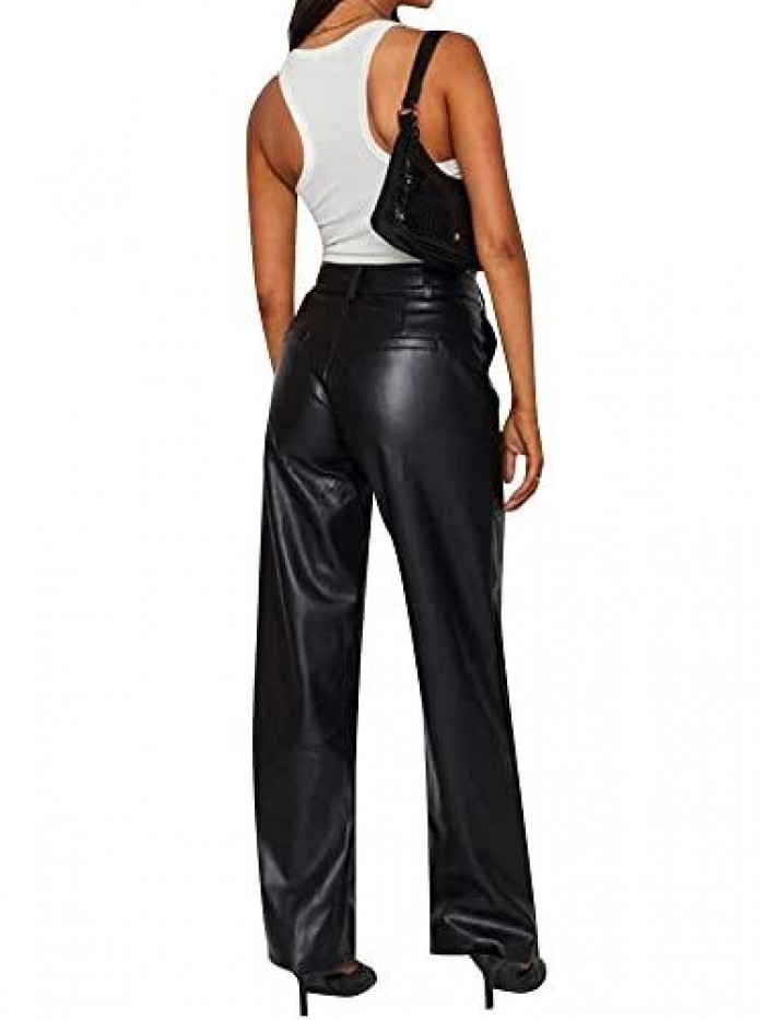 Faux Leather Leggings Pants High Waist Straight Wide Leg Pu Zipper Pleather Solid Pants With Pockets 