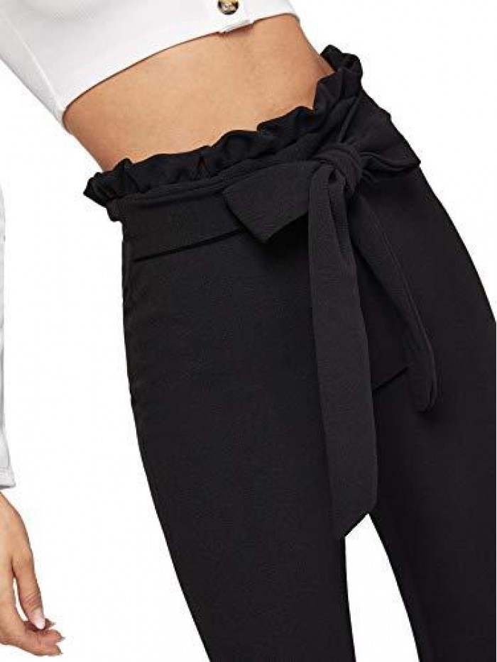 Women's High Waist Paper Bag Work Pants Stretchy Trouser with Belt 
