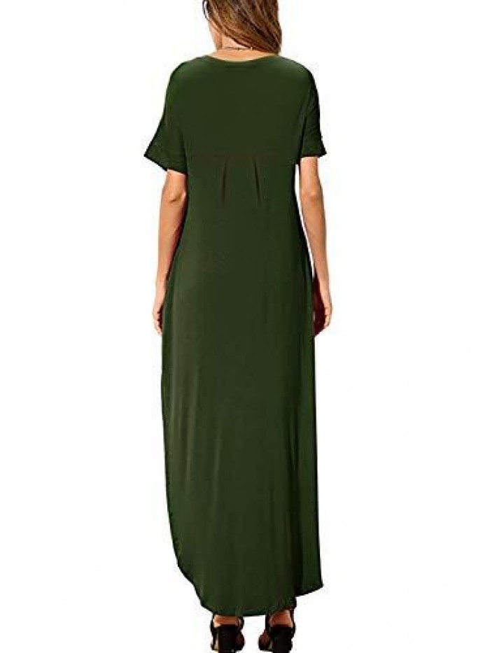 HUSKARY Women's Summer Maxi Dress Casual Loose Pockets Long Dress Short Sleeve Split