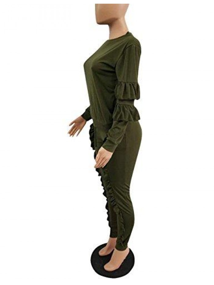 Women's Two Piece Outfits Ruffle Sleeve Sweatshirt and Long Pants Tracksuit Sets 