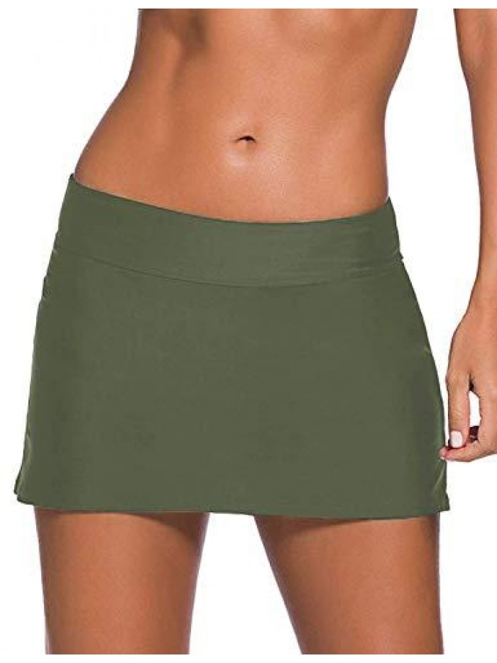 Women Swim Skirt Solid Color Waistband Skort Bikini Bottom 