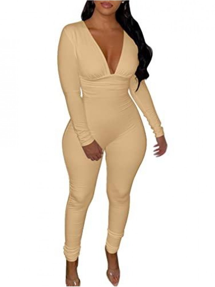 Women's Sexy Bodycon Deep V-Neck Long Sleeve Casual Club Rompers Jumpsuits 