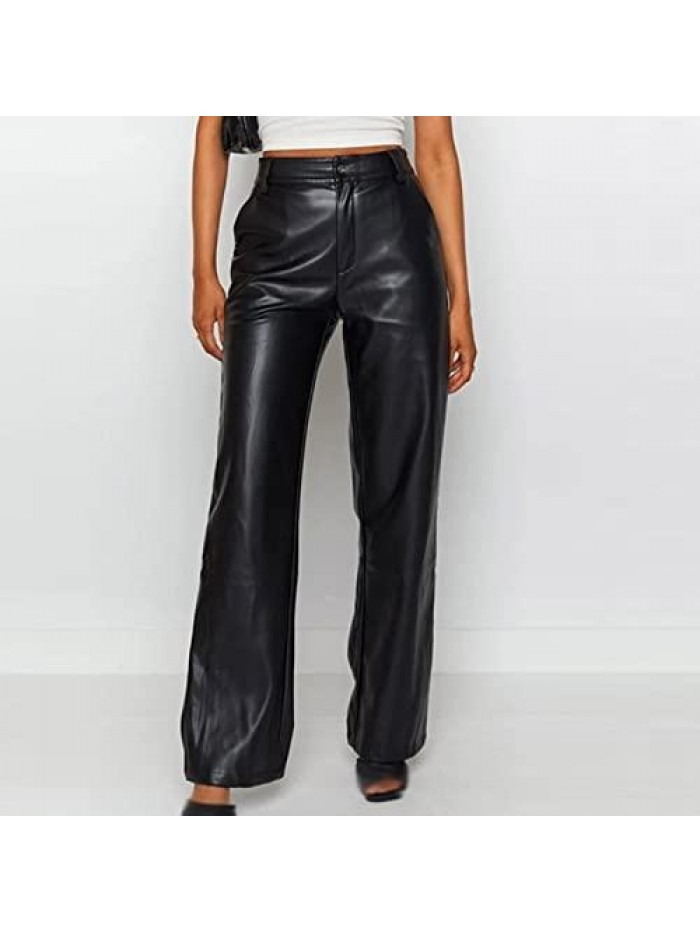 Faux Leather Pants Vintage Y2k Leisure Straight Wide Leg Slim Trousers Streetwear A1 