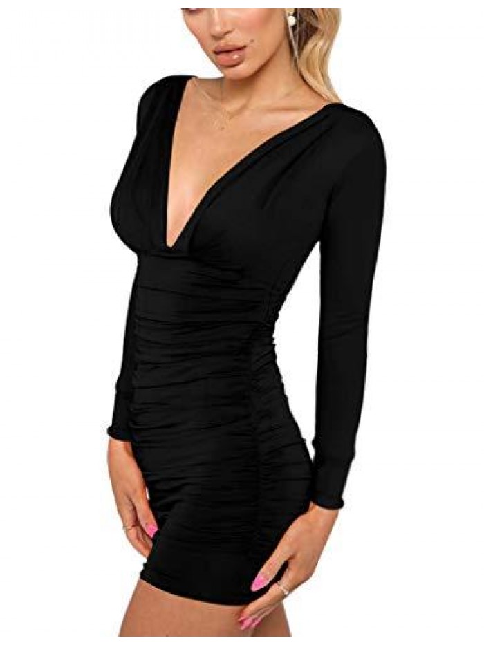 GOBLES Women's Sexy Long Sleeve V Neck Ruched Bodycon Mini Party Cocktail Dress
