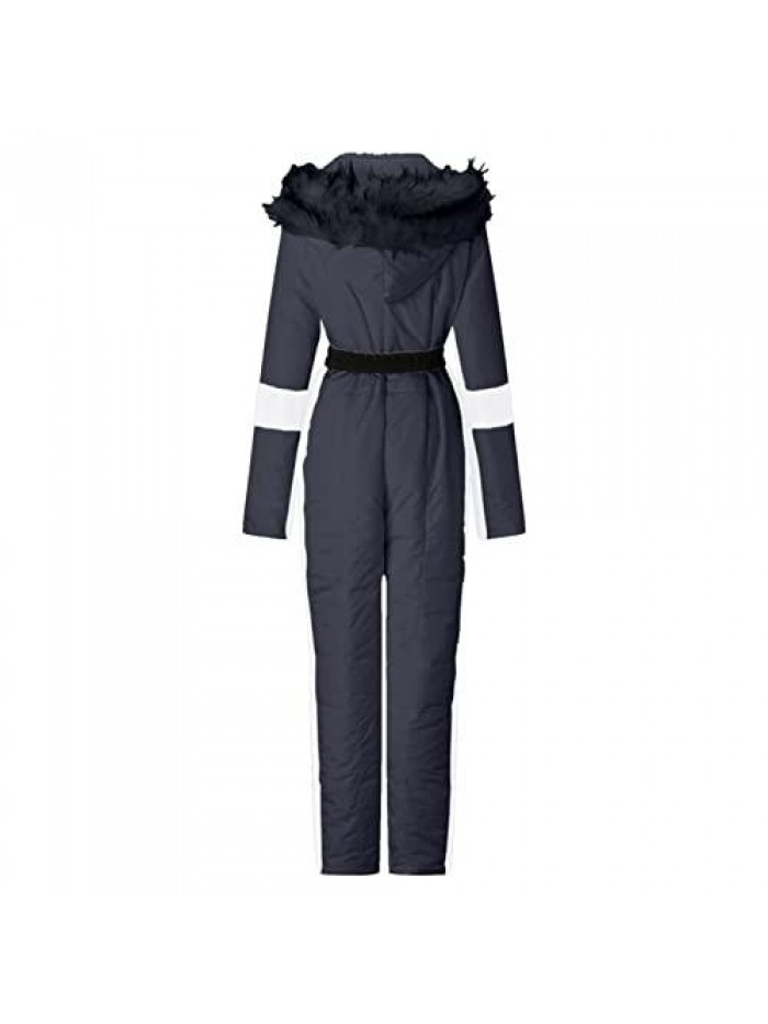 Winter Onesies Ski Jumpsuits Outdoor Sports Waterproof Snowsuit Removable Fur Collar Coat Jumpsuit with Pockets 