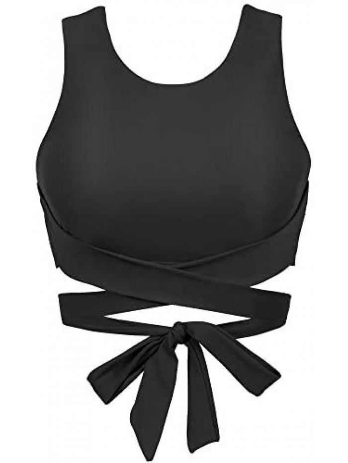 Women's Round Neck Criss Cross Bandage Tie Back Wrap Bikini Top Push Up Sporty Tank Swimsuit Top Only 