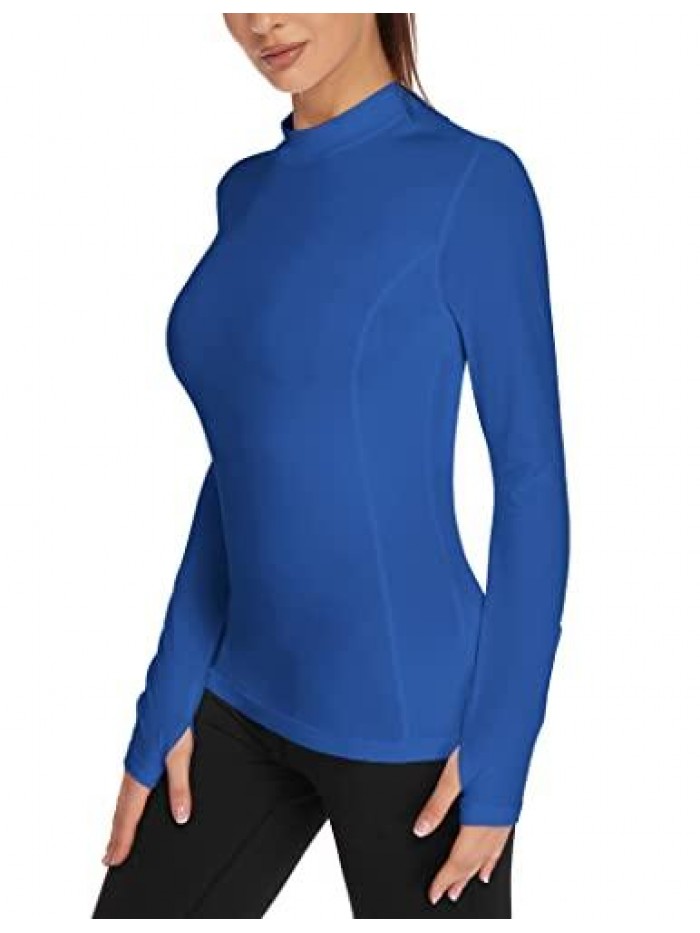 Women's Thermal Micro-Fleece Tops Mock Neck Long Sleeve Running Shirt Workout Tops with Thumbholes 