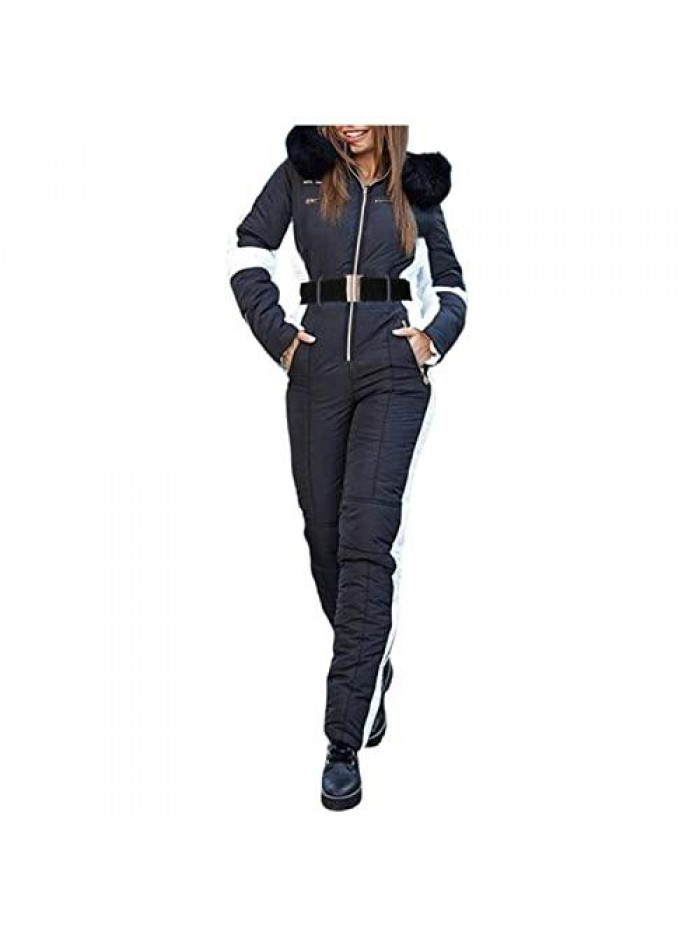Winter Onesies Ski Jumpsuits Outdoor Sports Waterproof Snowsuit Removable Fur Collar Coat Jumpsuit with Pockets 