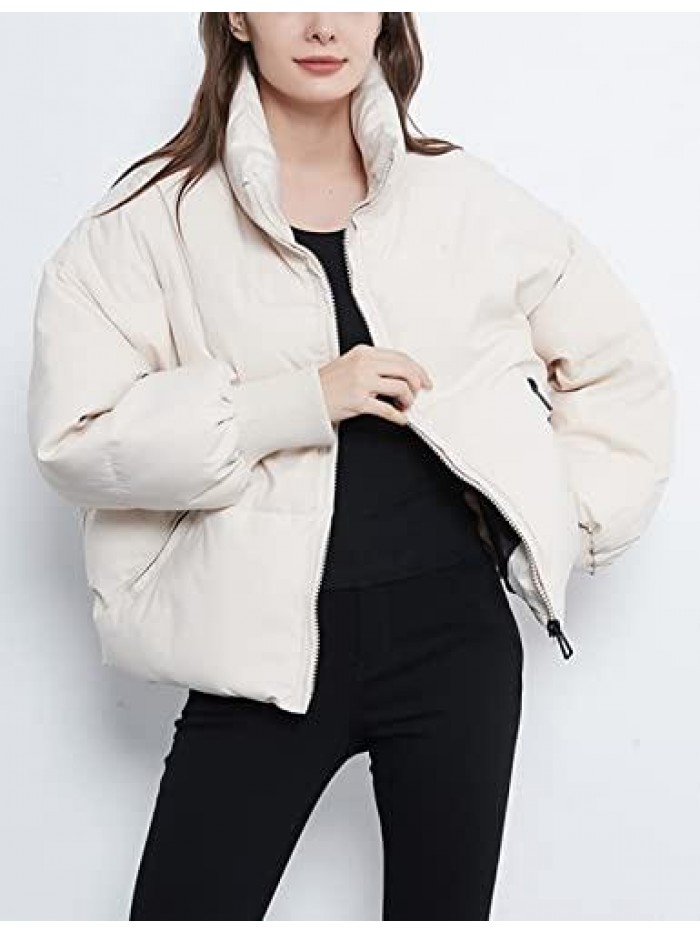 Womens Cropped Puffer Jacket Oversized Black Short Puffy Winter Coat 