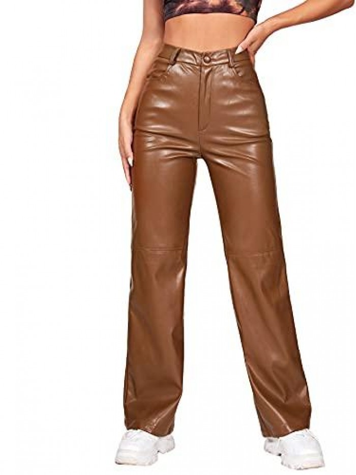 Women's PU High Waist Faux Leather Straight Leg Pants with Pockets 