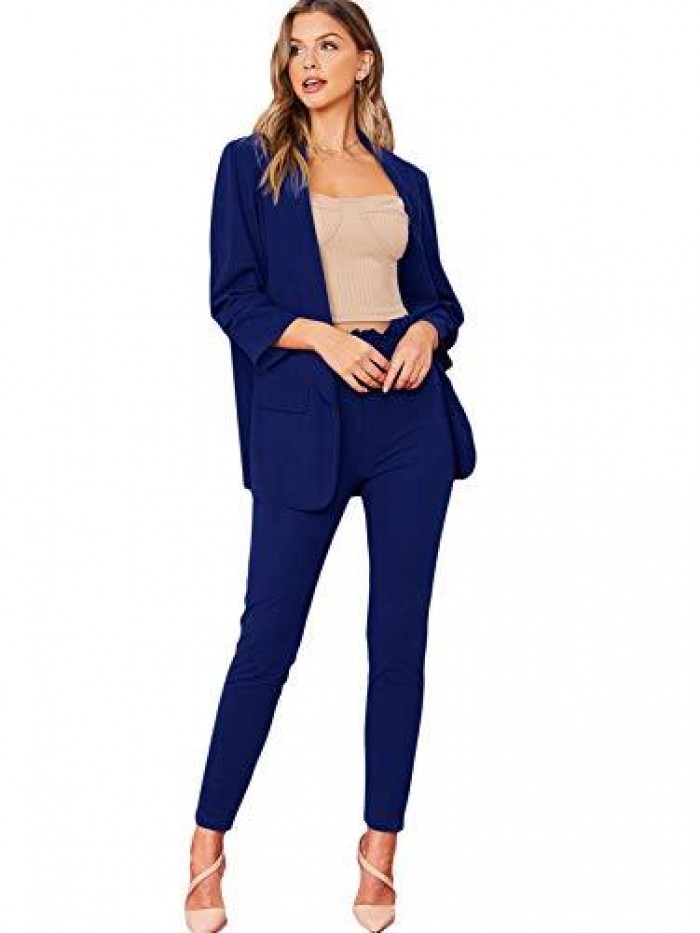 Women's Two Piece Open Front Long Sleeve Blazer and Elastic Waist Solid Pant Set Suit 