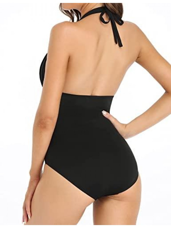Womens Bathing Suits Tummy Control One Piece Ruched Swimsuits V Neck Halter Swimwear 