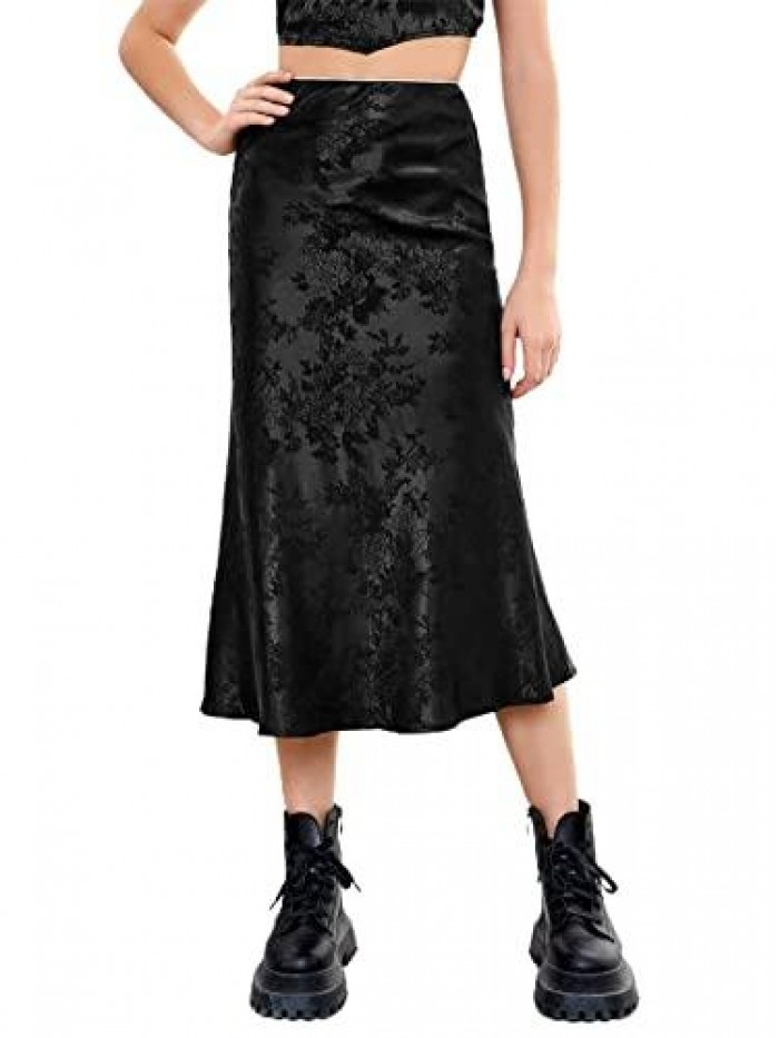 Women's Elegant High Waist Satin Skirt Floral Flared Midi Dressy Work Skirt 