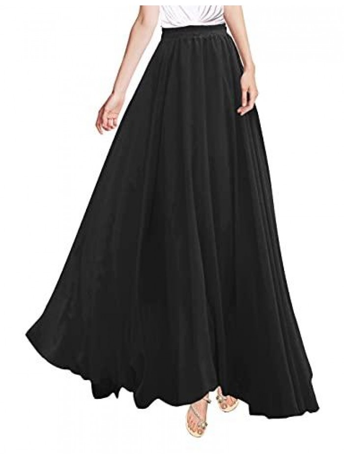 Women Full/Ankle Length Elastic Pleated Retro Maxi Chiffon Long Skirt 