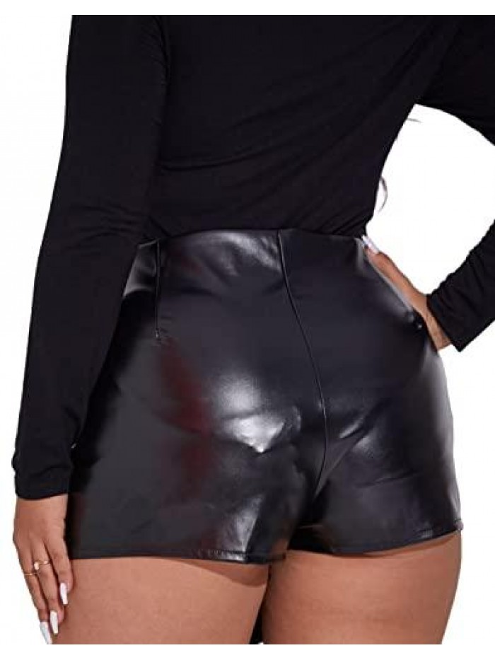 Women's Plus Size Faux Leather Wrap Skirt Shorts, High Waist Split Bodycon 